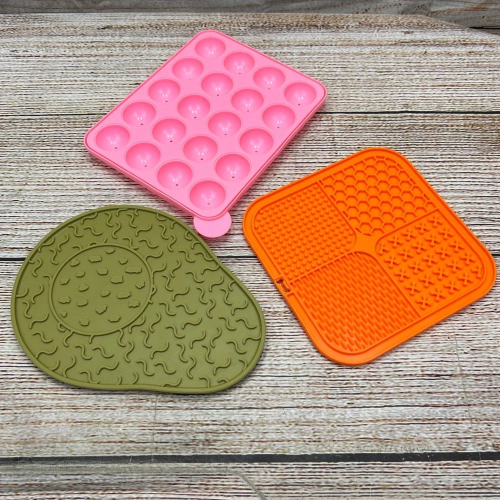 Set of 3 Silicone Dog Lick Mats Avocado Square Pink Slow Feeder Suction Cup Pads